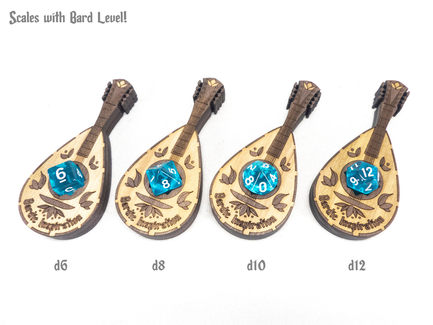 Single Bardic Inspiration Token, Tracker, Cradles a d6, d8, d10 or d12, Scales with Charisma, Layered Solid Finished Wood